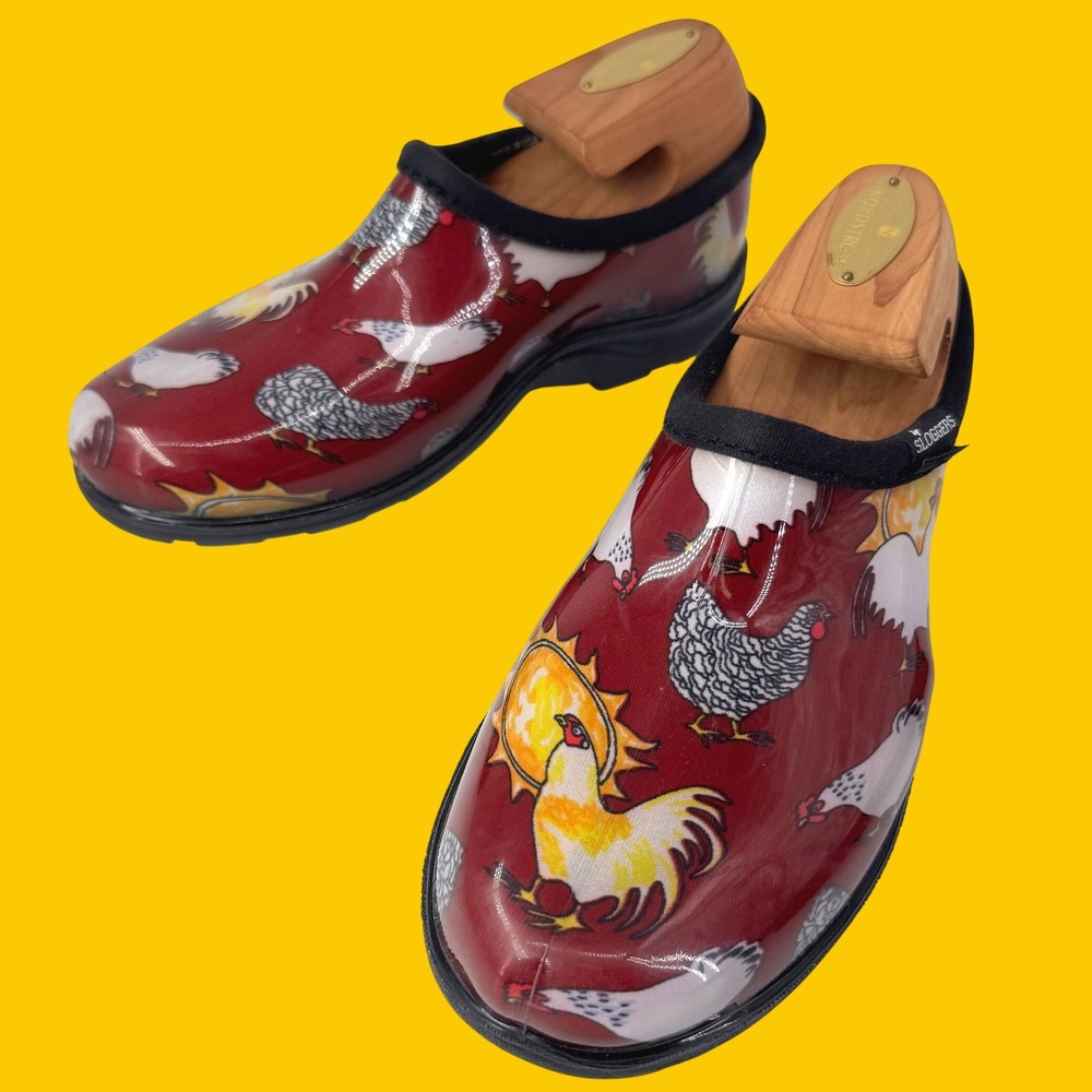 Sloggers Garden Clog‎ Women 6 Red Chicken Rooster Print Waterproof Rain Shoes